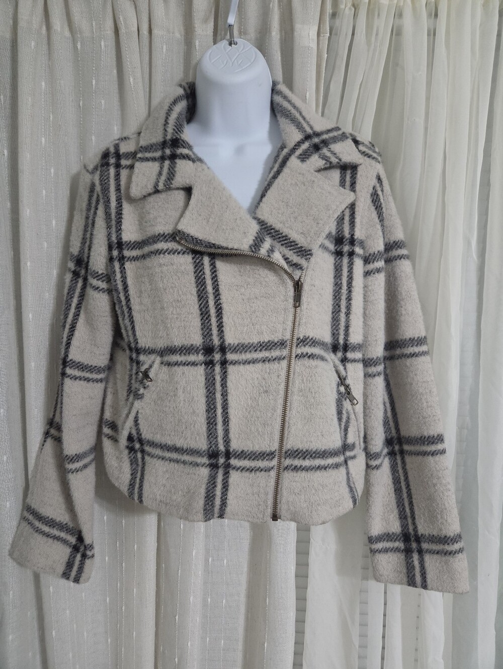 Z Supply Cream Plaid Zip-Front Moto Jacket
